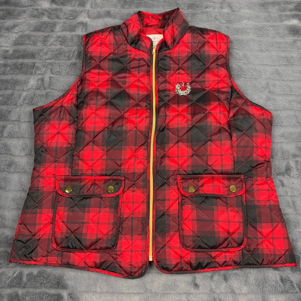St Johns Bay Womens Red Black Plaid Quilted Puffer Vest Holiday Wreath 1X